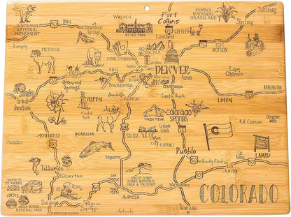 Destination Colorado State Shaped Cutting Board | State charcuterie serving board with engraved map artwork. Smooth reverse side for food prep. Hang tie for wall display.
