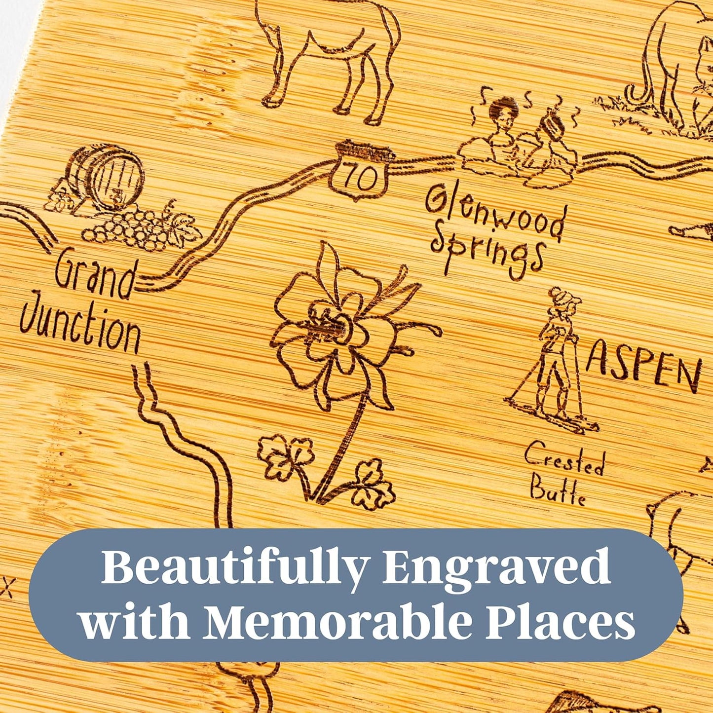 Destination Colorado State Shaped Cutting Board | State charcuterie serving board with engraved map artwork. Smooth reverse side for food prep. Hang tie for wall display.