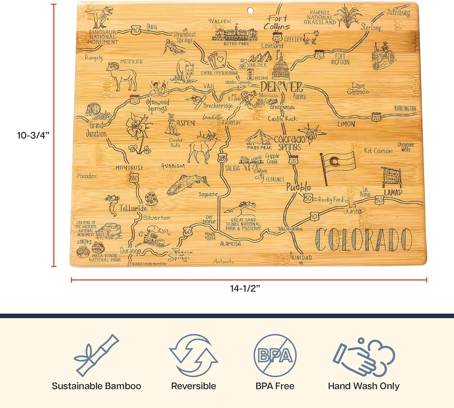 Destination Colorado State Shaped Cutting Board | State charcuterie serving board with engraved map artwork. Smooth reverse side for food prep. Hang tie for wall display.