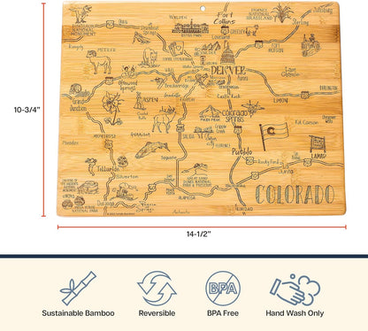 Destination Colorado State Shaped Cutting Board | State charcuterie serving board with engraved map artwork. Smooth reverse side for food prep. Hang tie for wall display.