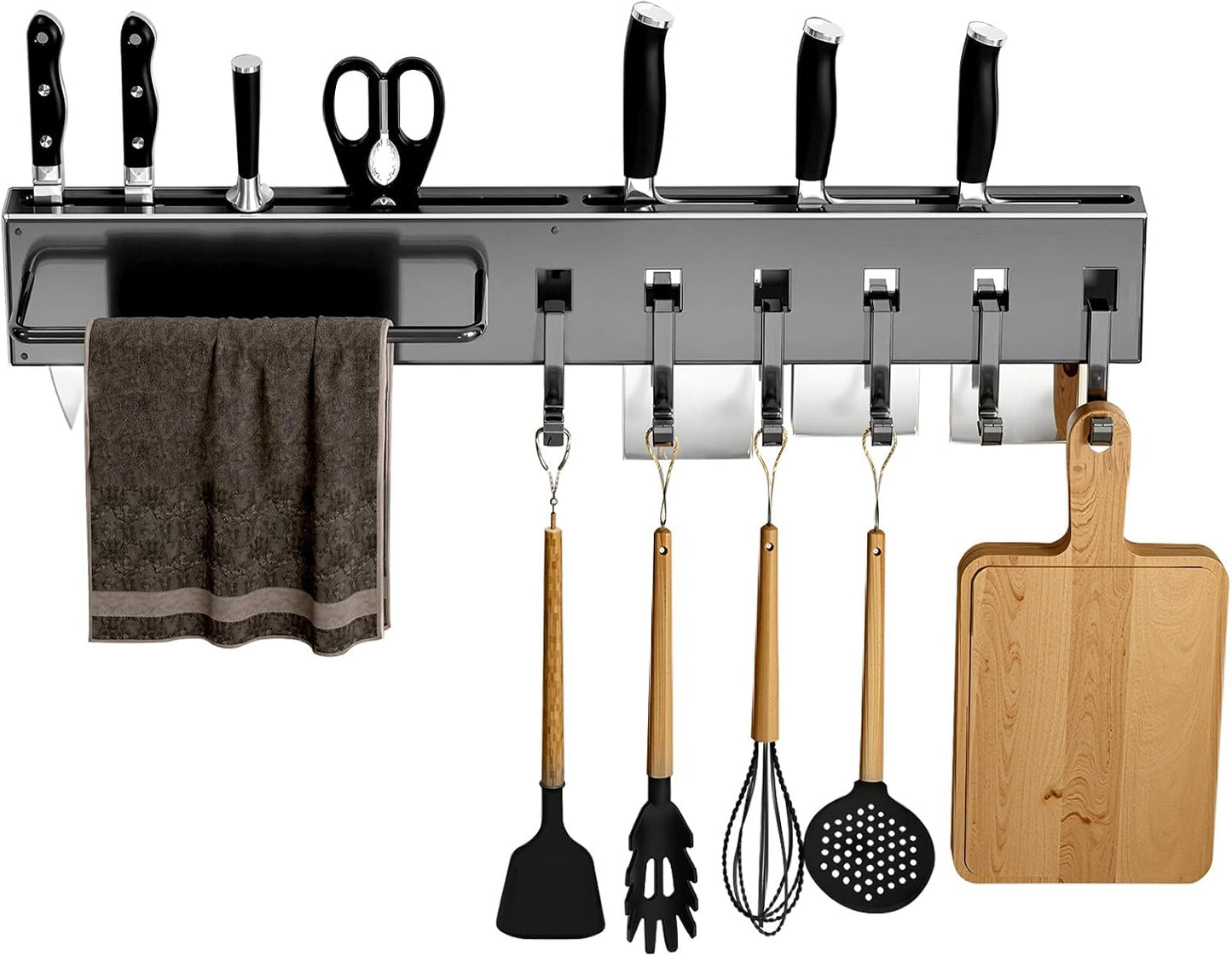 No Drill Wall Mounted Knife Block & Holder with 6 Removable Hooks, Multipurpose Kitchen Storage Organizer Rack for Knives, Utensils, Towels - Space-Saving Design for Home & Kitchen, Gray