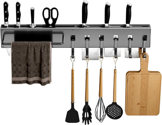 No Drill Wall Mounted Knife Block & Holder with 6 Removable Hooks, Multipurpose Kitchen Storage Organizer Rack for Knives, Utensils, Towels - Space-Saving Design for Home & Kitchen, Gray