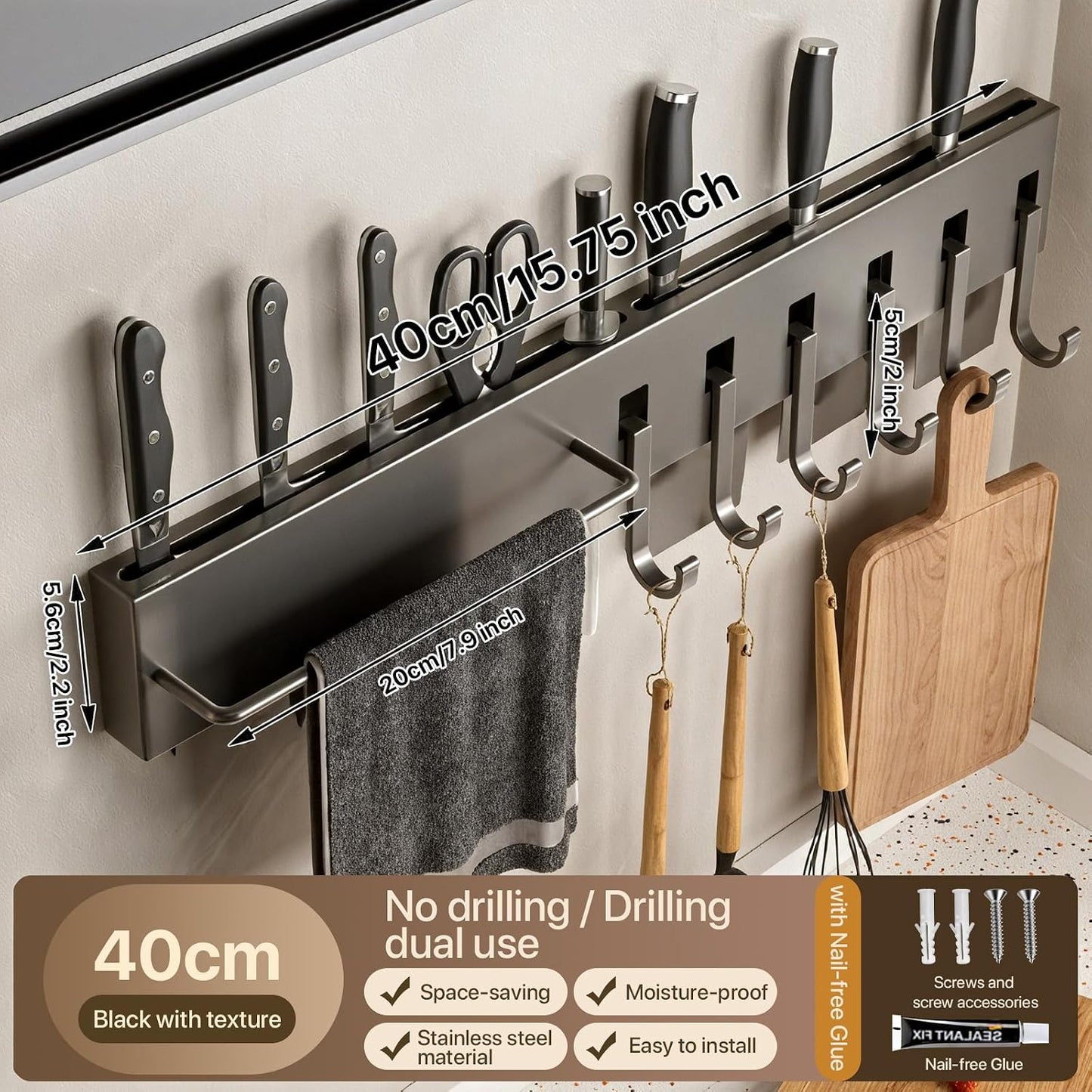 No Drill Wall Mounted Knife Block & Holder with 6 Removable Hooks, Multipurpose Kitchen Storage Organizer Rack for Knives, Utensils, Towels - Space-Saving Design for Home & Kitchen, Gray