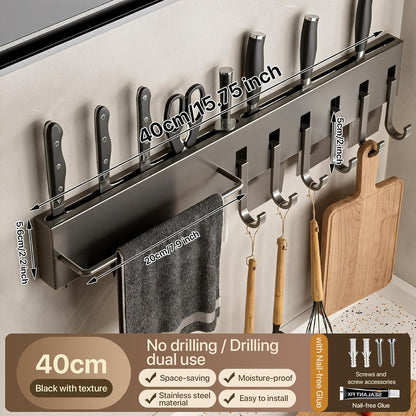 No Drill Wall Mounted Knife Block & Holder with 6 Removable Hooks, Multipurpose Kitchen Storage Organizer Rack for Knives, Utensils, Towels - Space-Saving Design for Home & Kitchen, Gray