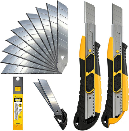 Dual-Mode Box Cutter Retractable for Warehouse,Locking Professional Work Knife, Auto-Retract Box Knife,18mm Heavy Duty Utility Knife with Metal Rail,Spare Blade Storage.1 Knife+10 Blades