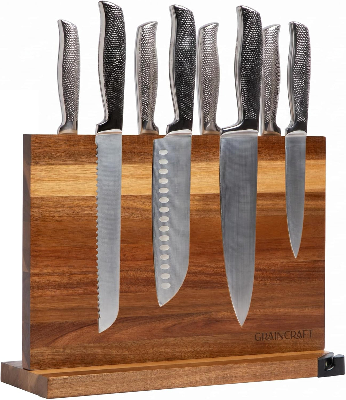 Magnetic Knife Block with Sharpener, Countertop Magnetic Knife Holder, 3X Double Sided Magnet Knife Stand, Non-Slip Base, Kitchen Knife Storage Organizer (Acacia)