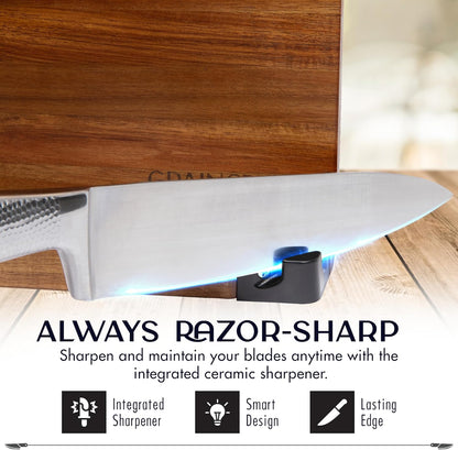 Magnetic Knife Block with Sharpener, Countertop Magnetic Knife Holder, 3X Double Sided Magnet Knife Stand, Non-Slip Base, Kitchen Knife Storage Organizer (Acacia)
