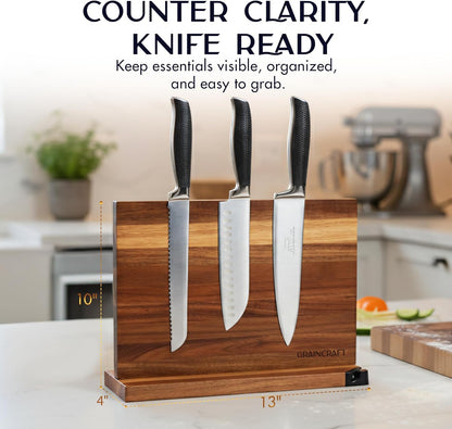 Magnetic Knife Block with Sharpener, Countertop Magnetic Knife Holder, 3X Double Sided Magnet Knife Stand, Non-Slip Base, Kitchen Knife Storage Organizer (Acacia)