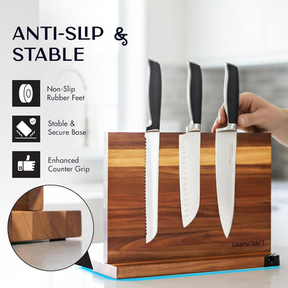 Magnetic Knife Block with Sharpener, Countertop Magnetic Knife Holder, 3X Double Sided Magnet Knife Stand, Non-Slip Base, Kitchen Knife Storage Organizer (Acacia)