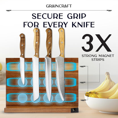 Magnetic Knife Block with Sharpener, Countertop Magnetic Knife Holder, 3X Double Sided Magnet Knife Stand, Non-Slip Base, Kitchen Knife Storage Organizer (Acacia)