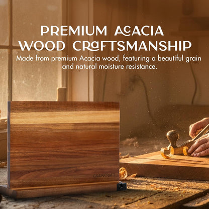 Magnetic Knife Block with Sharpener, Countertop Magnetic Knife Holder, 3X Double Sided Magnet Knife Stand, Non-Slip Base, Kitchen Knife Storage Organizer (Acacia)