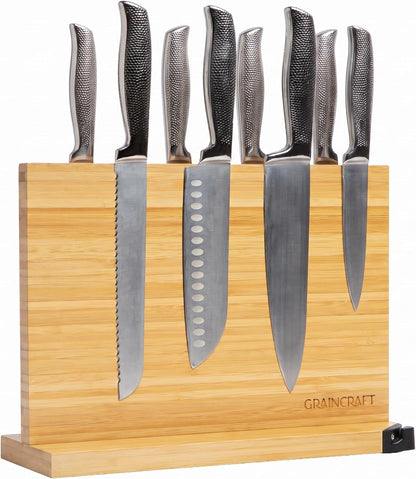 Magnetic Knife Block with Sharpener, Countertop Magnetic Knife Holder, 3X Double Sided Magnet Knife Stand, Non-Slip Base, Kitchen Knife Storage Organizer (Acacia)