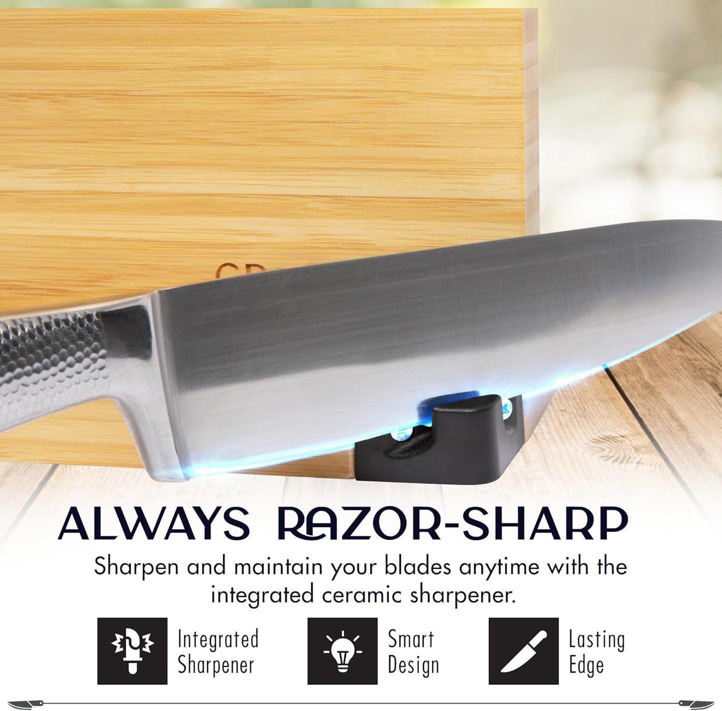 Magnetic Knife Block with Sharpener, Countertop Magnetic Knife Holder, 3X Double Sided Magnet Knife Stand, Non-Slip Base, Kitchen Knife Storage Organizer (Acacia)