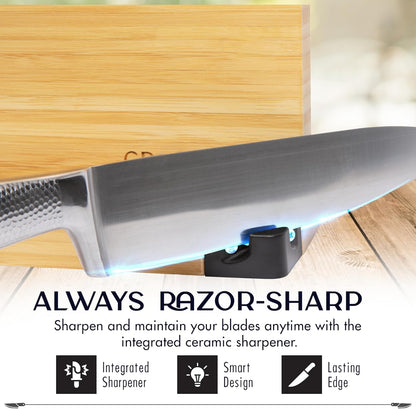 Magnetic Knife Block with Sharpener, Countertop Magnetic Knife Holder, 3X Double Sided Magnet Knife Stand, Non-Slip Base, Kitchen Knife Storage Organizer (Acacia)