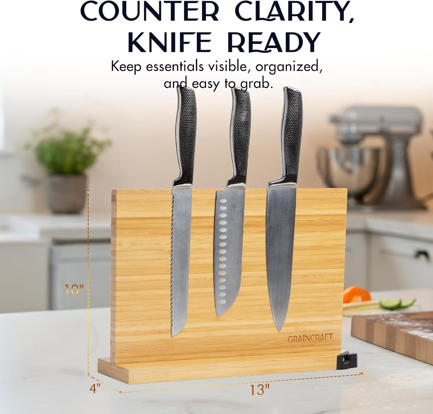 Magnetic Knife Block with Sharpener, Countertop Magnetic Knife Holder, 3X Double Sided Magnet Knife Stand, Non-Slip Base, Kitchen Knife Storage Organizer (Acacia)