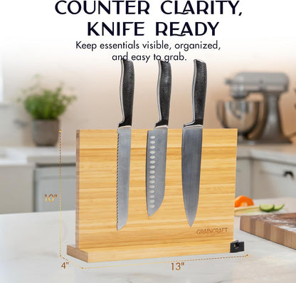 Magnetic Knife Block with Sharpener, Countertop Magnetic Knife Holder, 3X Double Sided Magnet Knife Stand, Non-Slip Base, Kitchen Knife Storage Organizer (Acacia)
