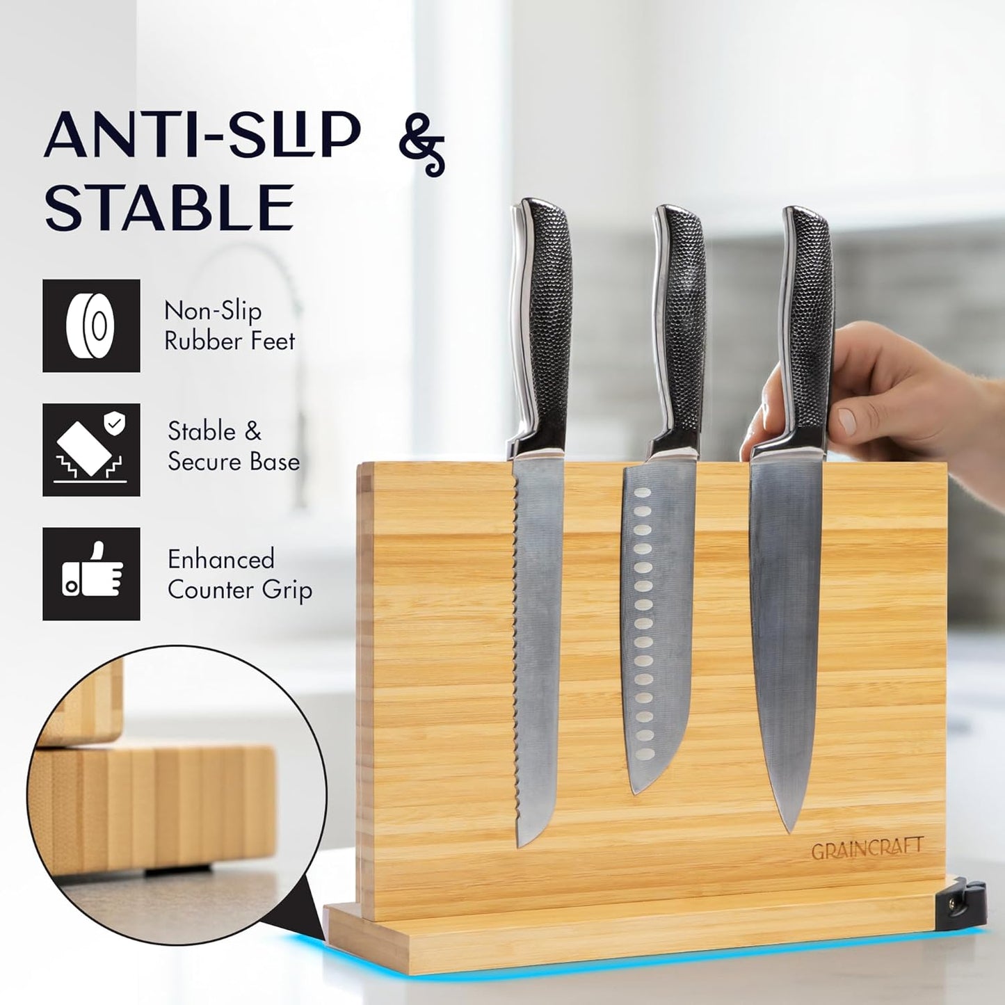 Magnetic Knife Block with Sharpener, Countertop Magnetic Knife Holder, 3X Double Sided Magnet Knife Stand, Non-Slip Base, Kitchen Knife Storage Organizer (Acacia)