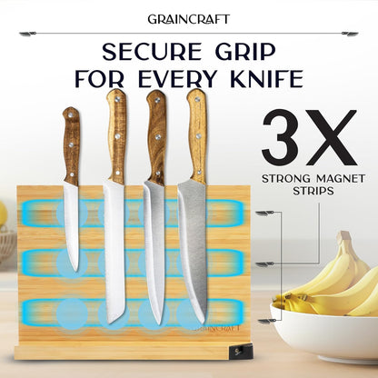 Magnetic Knife Block with Sharpener, Countertop Magnetic Knife Holder, 3X Double Sided Magnet Knife Stand, Non-Slip Base, Kitchen Knife Storage Organizer (Acacia)