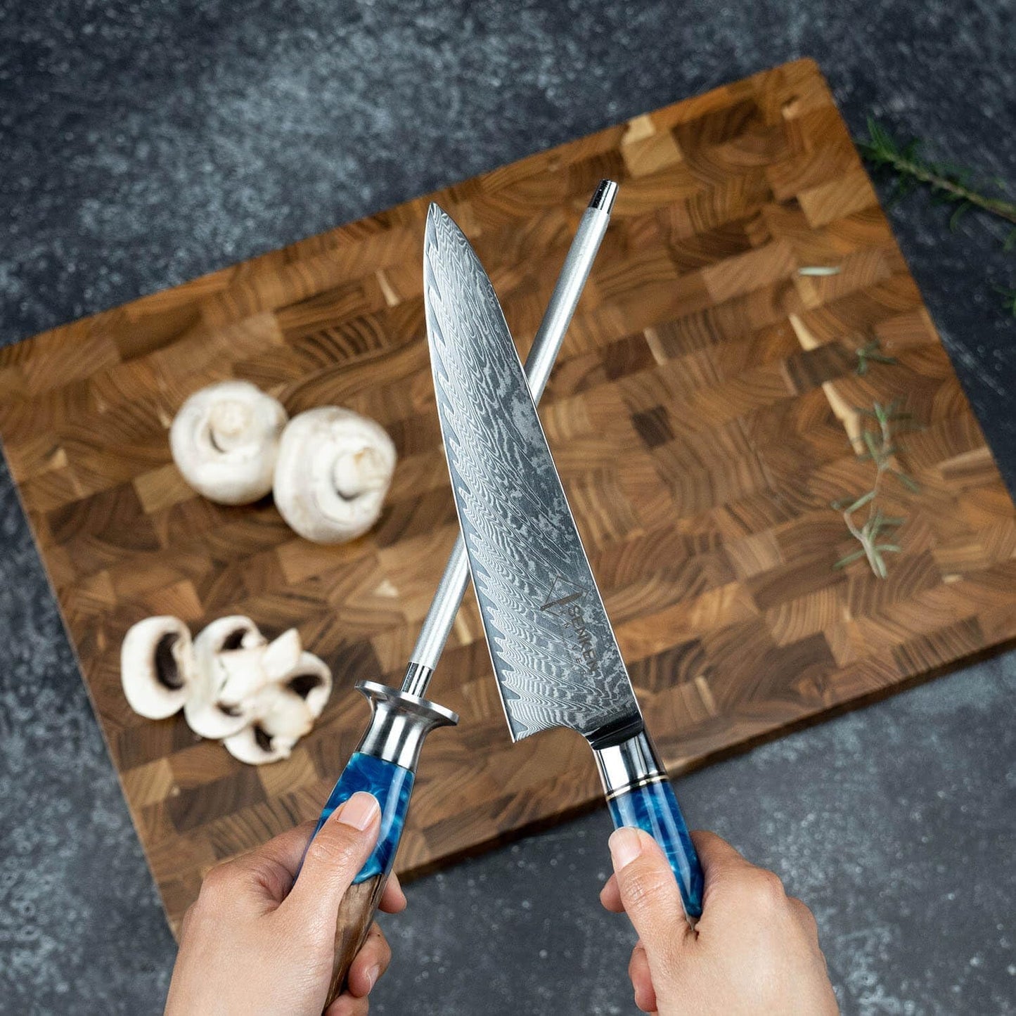 SENKEN Professional Sharpening Steel for Damascus Knives - Tsunami Collection - Incredibly Strong Emery Rod for Sharpening & Honing Knives Up to 63 HRC - Beautiful Blue Resin & Natural Wood Handle