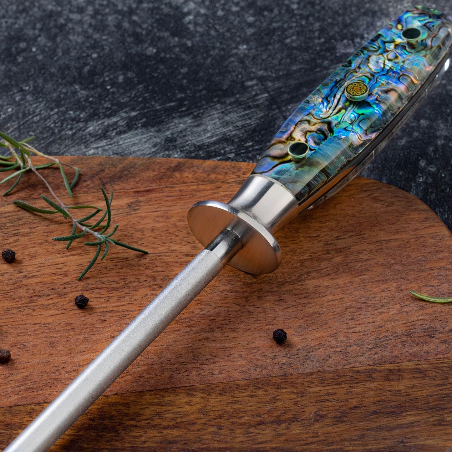 SENKEN Professional Sharpening Steel for Damascus Knives - Tsunami Collection - Incredibly Strong Emery Rod for Sharpening & Honing Knives Up to 63 HRC - Beautiful Blue Resin & Natural Wood Handle
