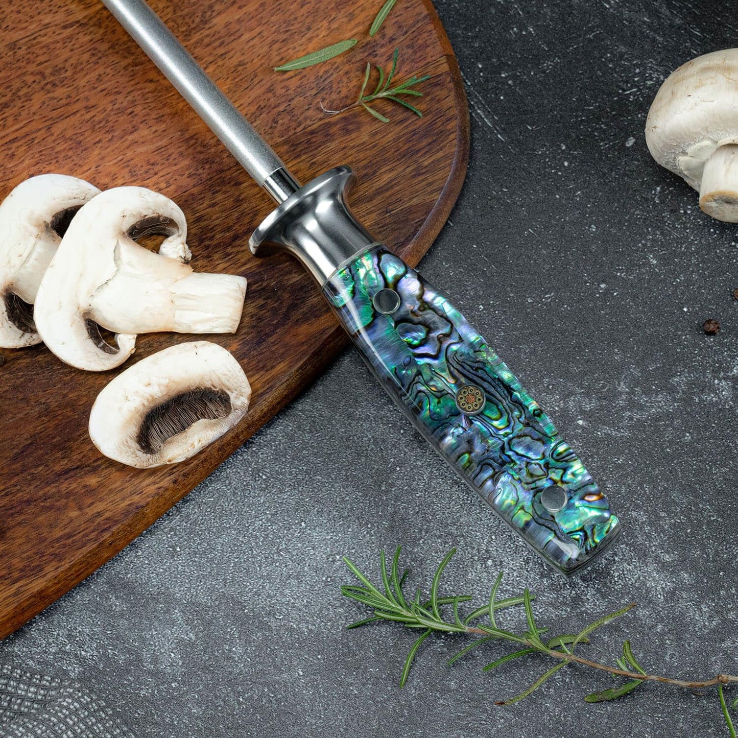 SENKEN Professional Sharpening Steel for Damascus Knives - Tsunami Collection - Incredibly Strong Emery Rod for Sharpening & Honing Knives Up to 63 HRC - Beautiful Blue Resin & Natural Wood Handle