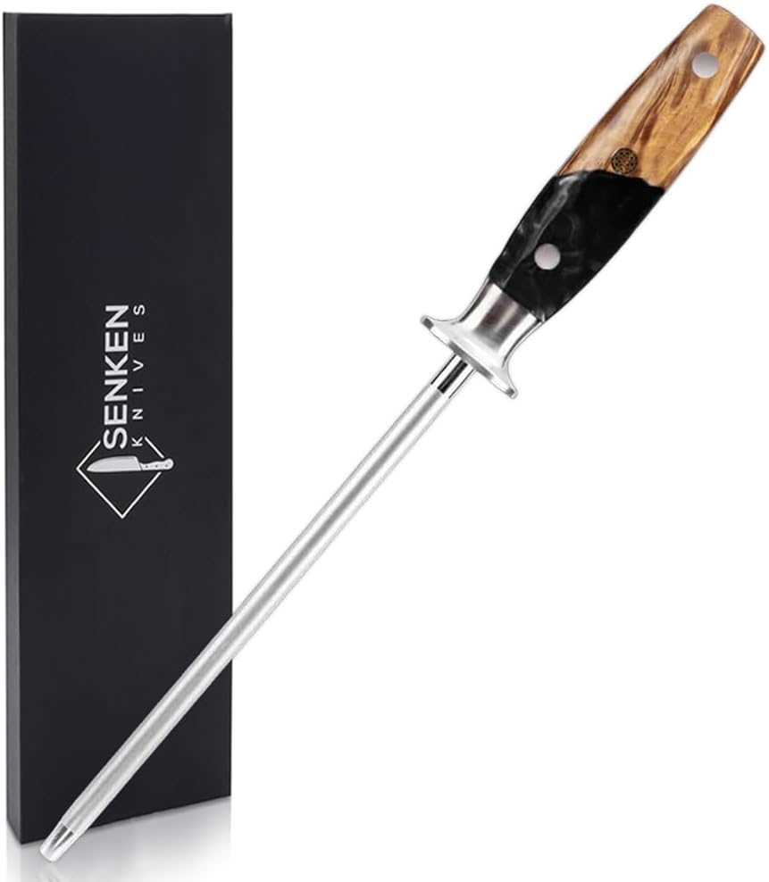 SENKEN Professional Sharpening Steel for Damascus Knives - Tsunami Collection - Incredibly Strong Emery Rod for Sharpening & Honing Knives Up to 63 HRC - Beautiful Blue Resin & Natural Wood Handle