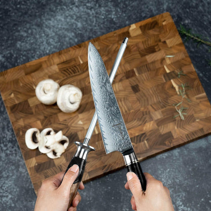 SENKEN Professional Sharpening Steel for Damascus Knives - Tsunami Collection - Incredibly Strong Emery Rod for Sharpening & Honing Knives Up to 63 HRC - Beautiful Blue Resin & Natural Wood Handle