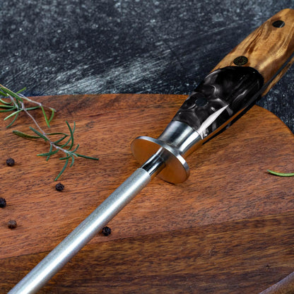 SENKEN Professional Sharpening Steel for Damascus Knives - Tsunami Collection - Incredibly Strong Emery Rod for Sharpening & Honing Knives Up to 63 HRC - Beautiful Blue Resin & Natural Wood Handle