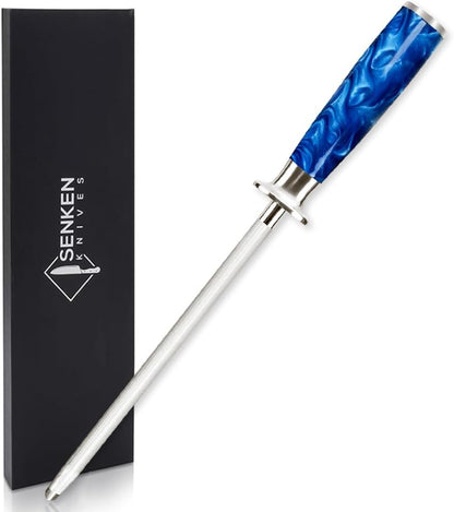SENKEN Professional Sharpening Steel for Damascus Knives - Tsunami Collection - Incredibly Strong Emery Rod for Sharpening & Honing Knives Up to 63 HRC - Beautiful Blue Resin & Natural Wood Handle