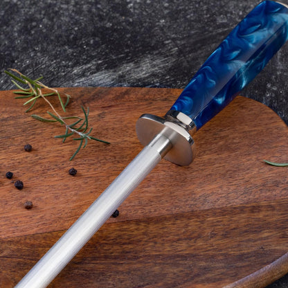 SENKEN Professional Sharpening Steel for Damascus Knives - Tsunami Collection - Incredibly Strong Emery Rod for Sharpening & Honing Knives Up to 63 HRC - Beautiful Blue Resin & Natural Wood Handle