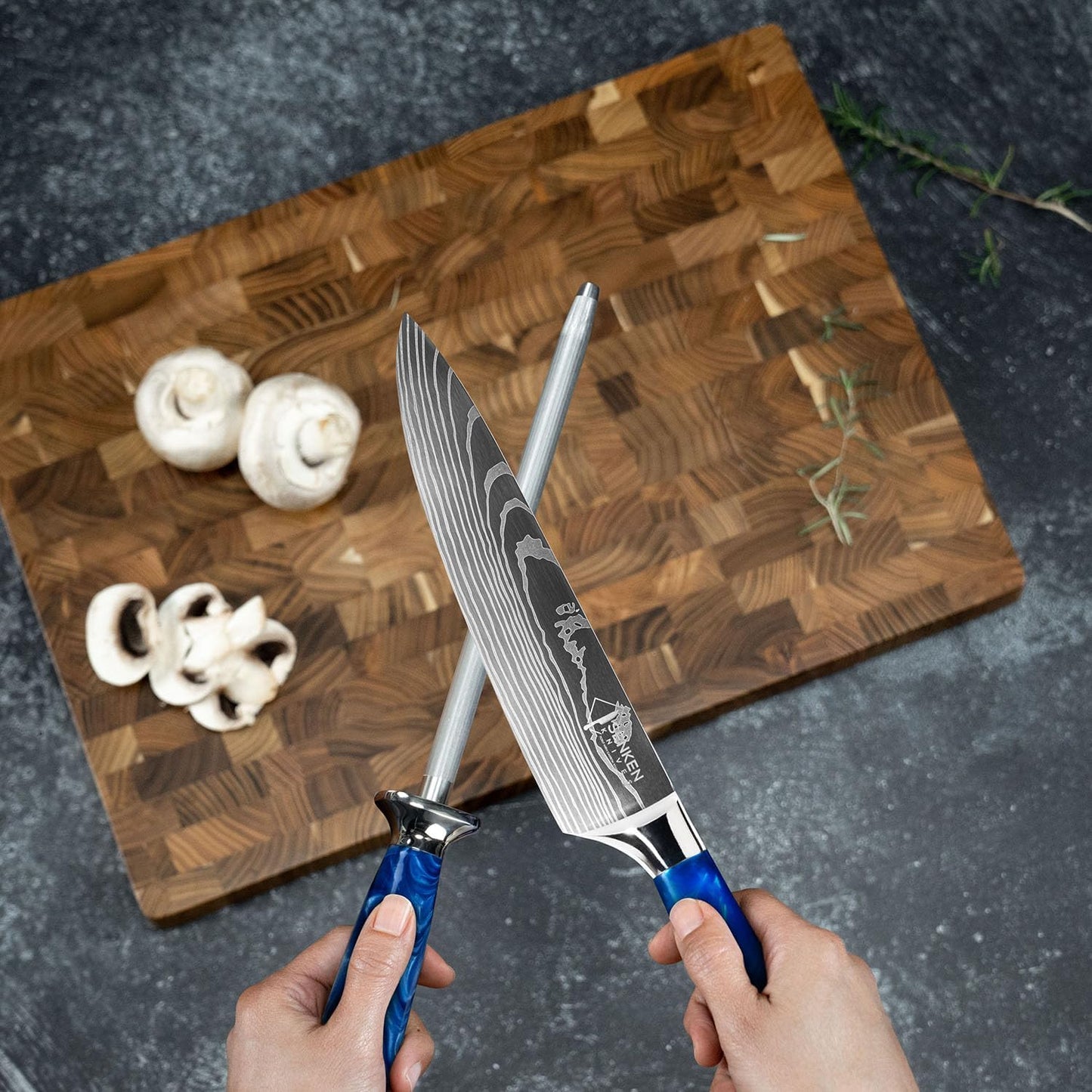 SENKEN Professional Sharpening Steel for Damascus Knives - Tsunami Collection - Incredibly Strong Emery Rod for Sharpening & Honing Knives Up to 63 HRC - Beautiful Blue Resin & Natural Wood Handle
