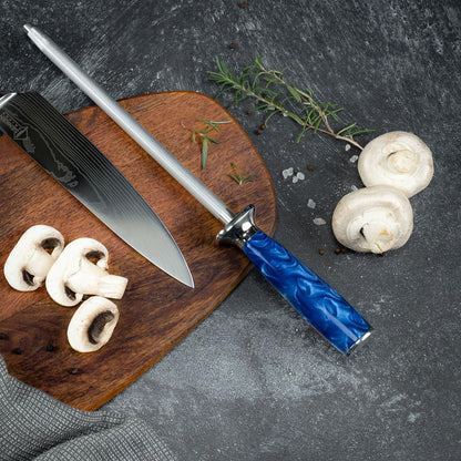 SENKEN Professional Sharpening Steel for Damascus Knives - Tsunami Collection - Incredibly Strong Emery Rod for Sharpening & Honing Knives Up to 63 HRC - Beautiful Blue Resin & Natural Wood Handle