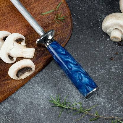 SENKEN Professional Sharpening Steel for Damascus Knives - Tsunami Collection - Incredibly Strong Emery Rod for Sharpening & Honing Knives Up to 63 HRC - Beautiful Blue Resin & Natural Wood Handle