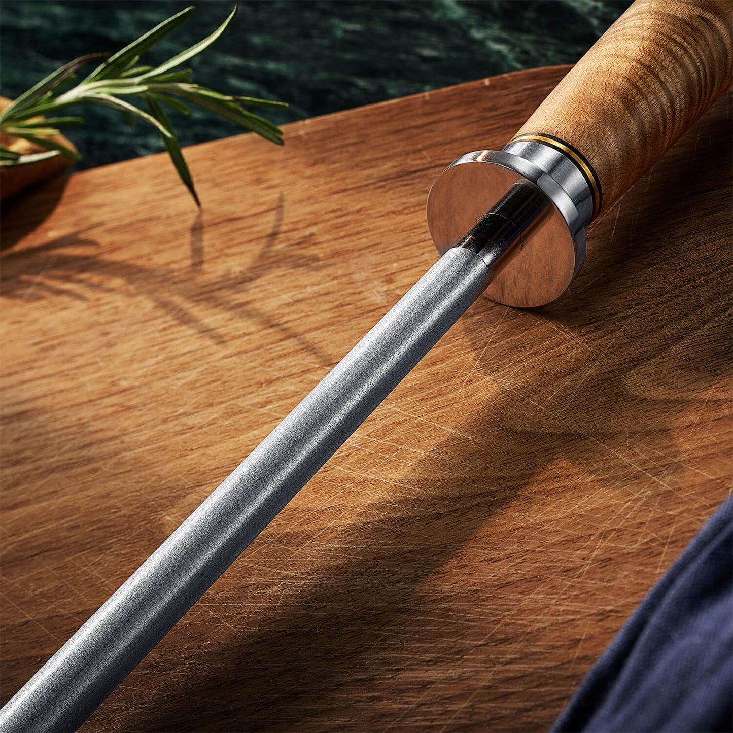 SENKEN Professional Sharpening Steel for Damascus Knives - Tsunami Collection - Incredibly Strong Emery Rod for Sharpening & Honing Knives Up to 63 HRC - Beautiful Blue Resin & Natural Wood Handle