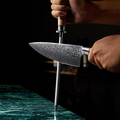 SENKEN Professional Sharpening Steel for Damascus Knives - Tsunami Collection - Incredibly Strong Emery Rod for Sharpening & Honing Knives Up to 63 HRC - Beautiful Blue Resin & Natural Wood Handle