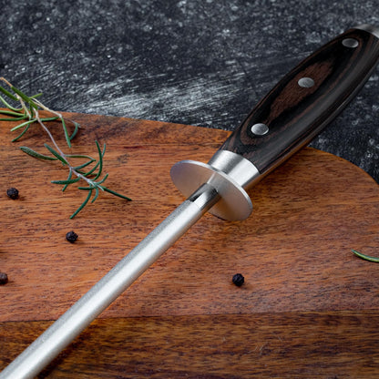 SENKEN Professional Sharpening Steel for Damascus Knives - Tsunami Collection - Incredibly Strong Emery Rod for Sharpening & Honing Knives Up to 63 HRC - Beautiful Blue Resin & Natural Wood Handle