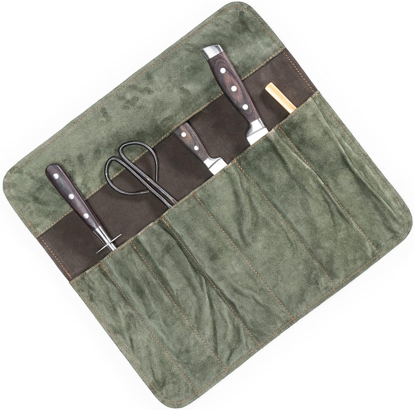 Knife Roll Bag of genuine buffalo Leather – Handcrafted Chef`s Knife Roll Storage Bag/Case 7 slots – Sean (Olive-Green/Brown)