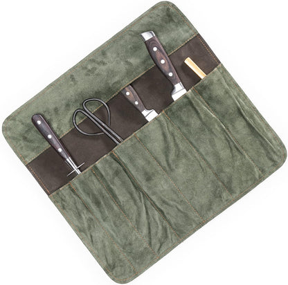 Knife Roll Bag of genuine buffalo Leather – Handcrafted Chef`s Knife Roll Storage Bag/Case 7 slots – Sean (Olive-Green/Brown)