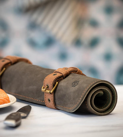 Knife Roll Bag of genuine buffalo Leather – Handcrafted Chef`s Knife Roll Storage Bag/Case 7 slots – Sean (Olive-Green/Brown)