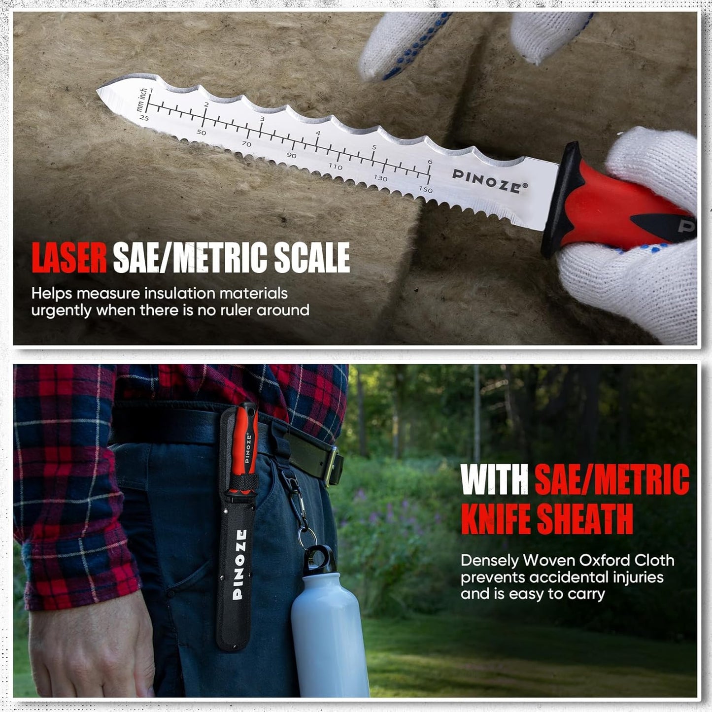 8" Insulation Knife, Stainless Steel Blade Insulation Cutter w/Laser Scale, Dual-Side Serrated Duct Knife Tool with Sheath for Cutting Heat Material Foam/Rockwool/Styrofoam, Garden Sod Cutter