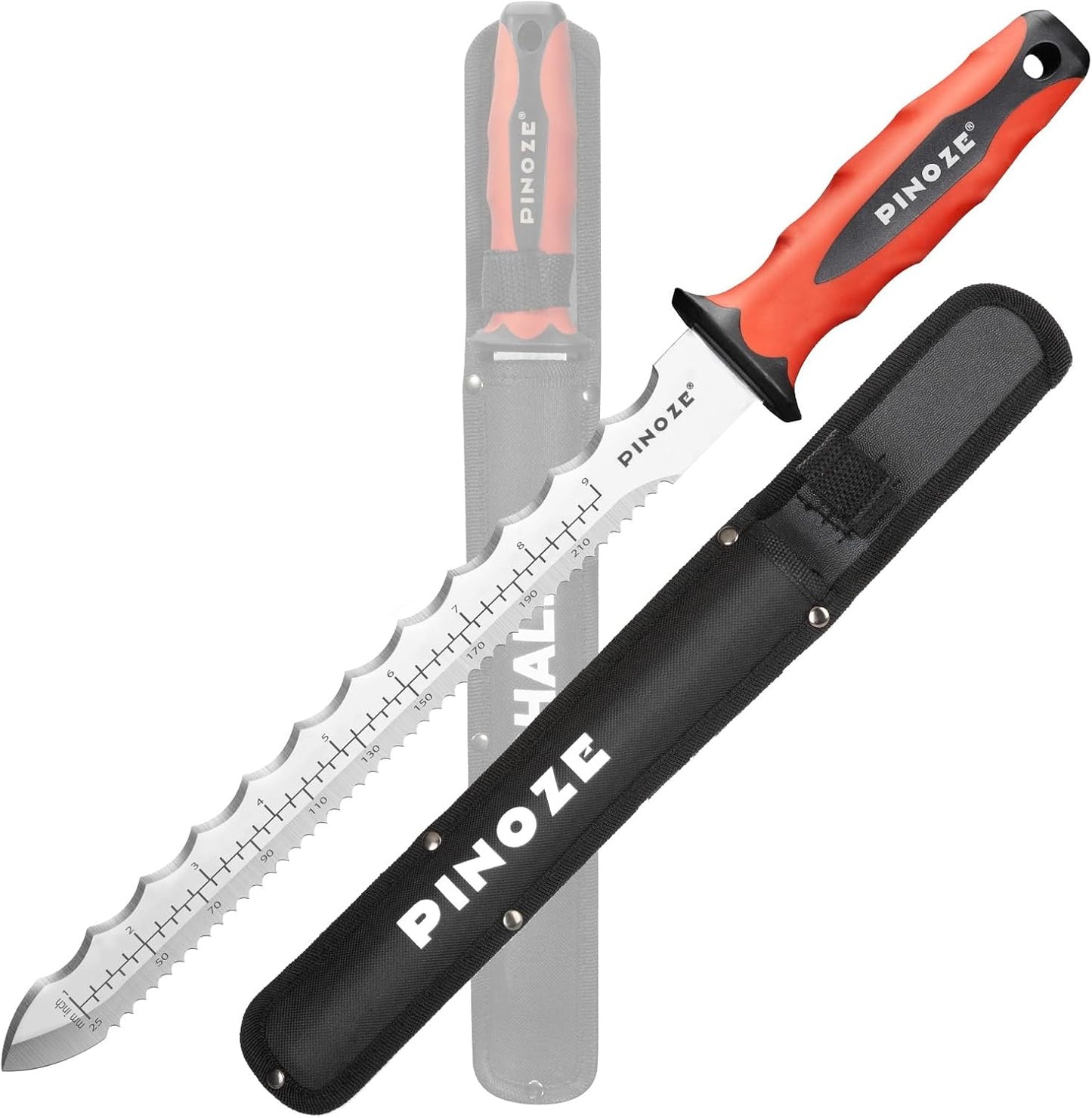 8" Insulation Knife, Stainless Steel Blade Insulation Cutter w/Laser Scale, Dual-Side Serrated Duct Knife Tool with Sheath for Cutting Heat Material Foam/Rockwool/Styrofoam, Garden Sod Cutter
