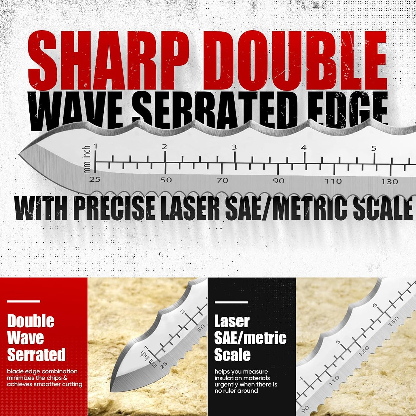 8" Insulation Knife, Stainless Steel Blade Insulation Cutter w/Laser Scale, Dual-Side Serrated Duct Knife Tool with Sheath for Cutting Heat Material Foam/Rockwool/Styrofoam, Garden Sod Cutter