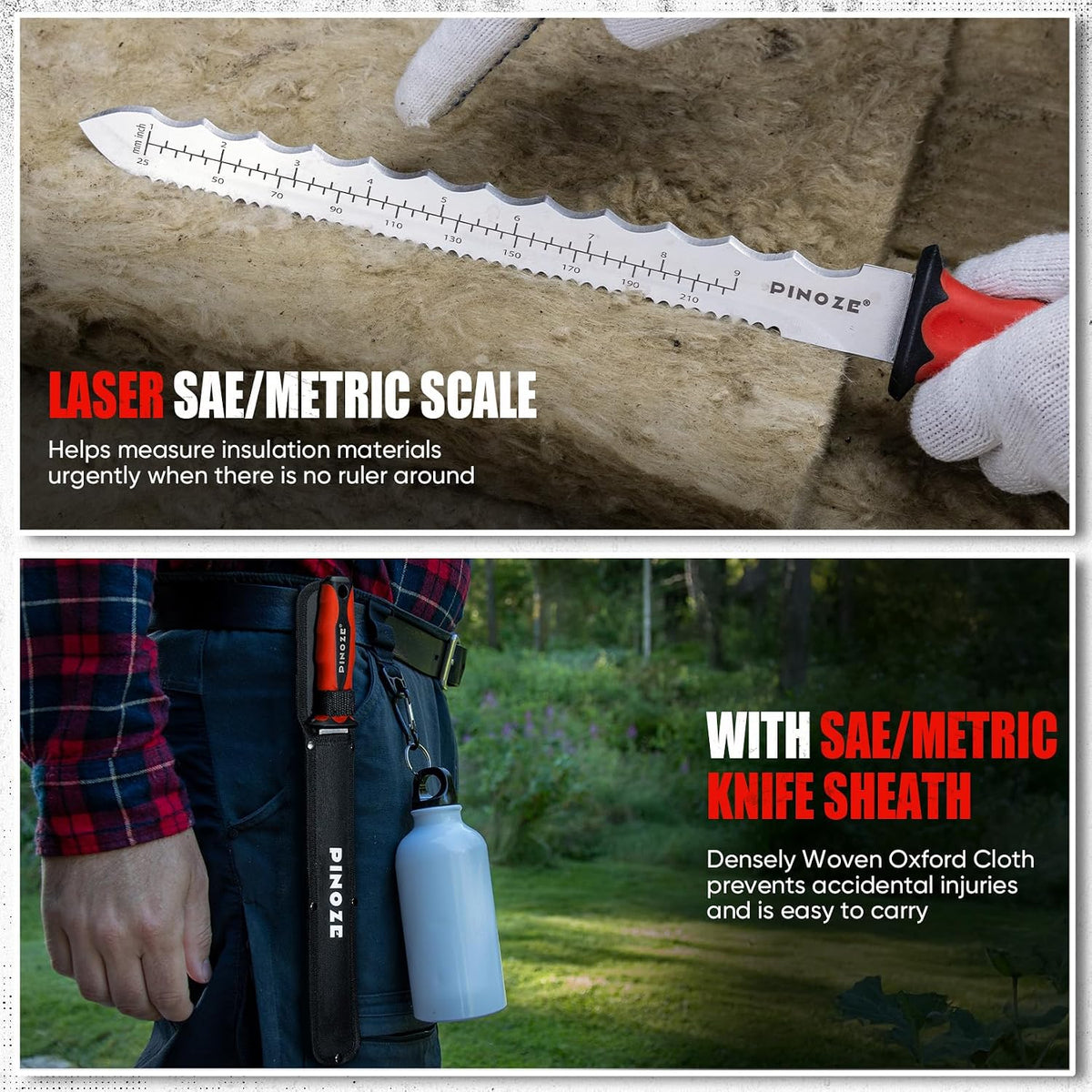 8" Insulation Knife, Stainless Steel Blade Insulation Cutter w/Laser Scale, Dual-Side Serrated Duct Knife Tool with Sheath for Cutting Heat Material Foam/Rockwool/Styrofoam, Garden Sod Cutter