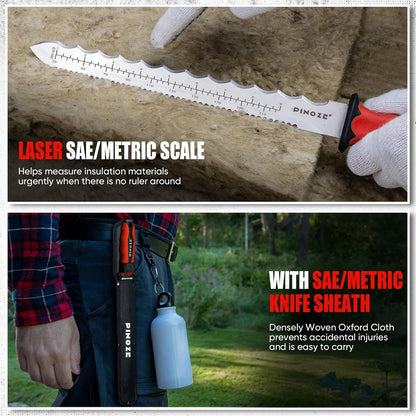 8" Insulation Knife, Stainless Steel Blade Insulation Cutter w/Laser Scale, Dual-Side Serrated Duct Knife Tool with Sheath for Cutting Heat Material Foam/Rockwool/Styrofoam, Garden Sod Cutter