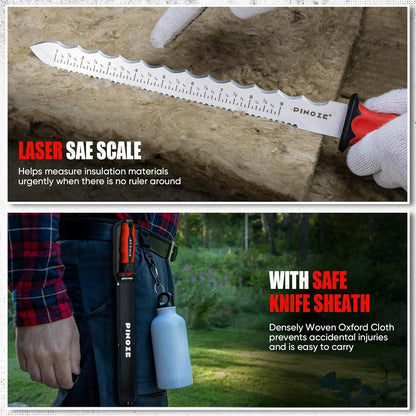 8" Insulation Knife, Stainless Steel Blade Insulation Cutter w/Laser Scale, Dual-Side Serrated Duct Knife Tool with Sheath for Cutting Heat Material Foam/Rockwool/Styrofoam, Garden Sod Cutter