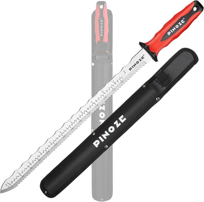 8" Insulation Knife, Stainless Steel Blade Insulation Cutter w/Laser Scale, Dual-Side Serrated Duct Knife Tool with Sheath for Cutting Heat Material Foam/Rockwool/Styrofoam, Garden Sod Cutter