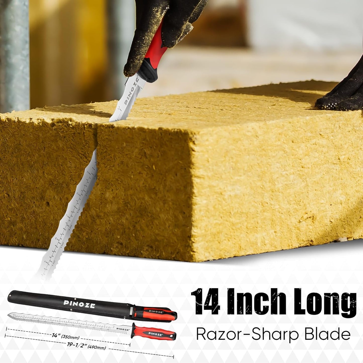 8" Insulation Knife, Stainless Steel Blade Insulation Cutter w/Laser Scale, Dual-Side Serrated Duct Knife Tool with Sheath for Cutting Heat Material Foam/Rockwool/Styrofoam, Garden Sod Cutter