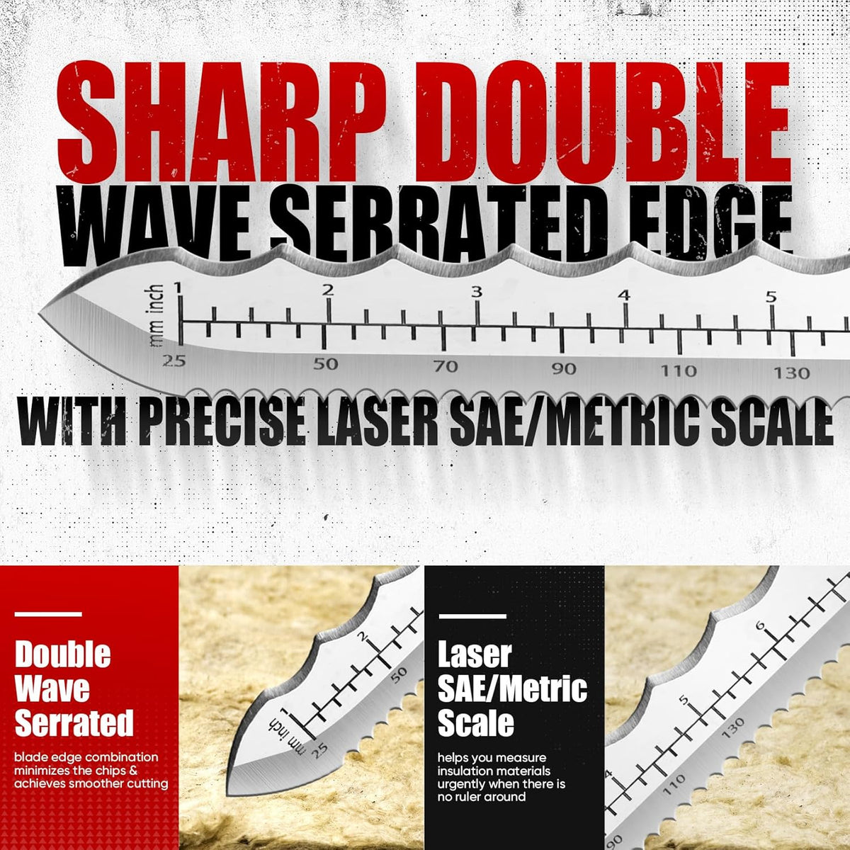 8" Insulation Knife, Stainless Steel Blade Insulation Cutter w/Laser Scale, Dual-Side Serrated Duct Knife Tool with Sheath for Cutting Heat Material Foam/Rockwool/Styrofoam, Garden Sod Cutter