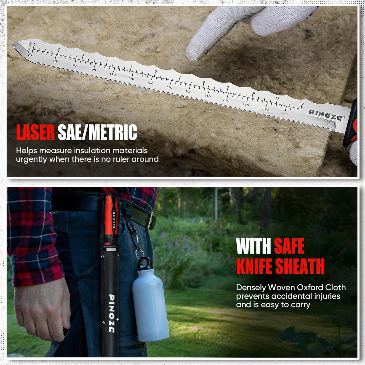 8" Insulation Knife, Stainless Steel Blade Insulation Cutter w/Laser Scale, Dual-Side Serrated Duct Knife Tool with Sheath for Cutting Heat Material Foam/Rockwool/Styrofoam, Garden Sod Cutter