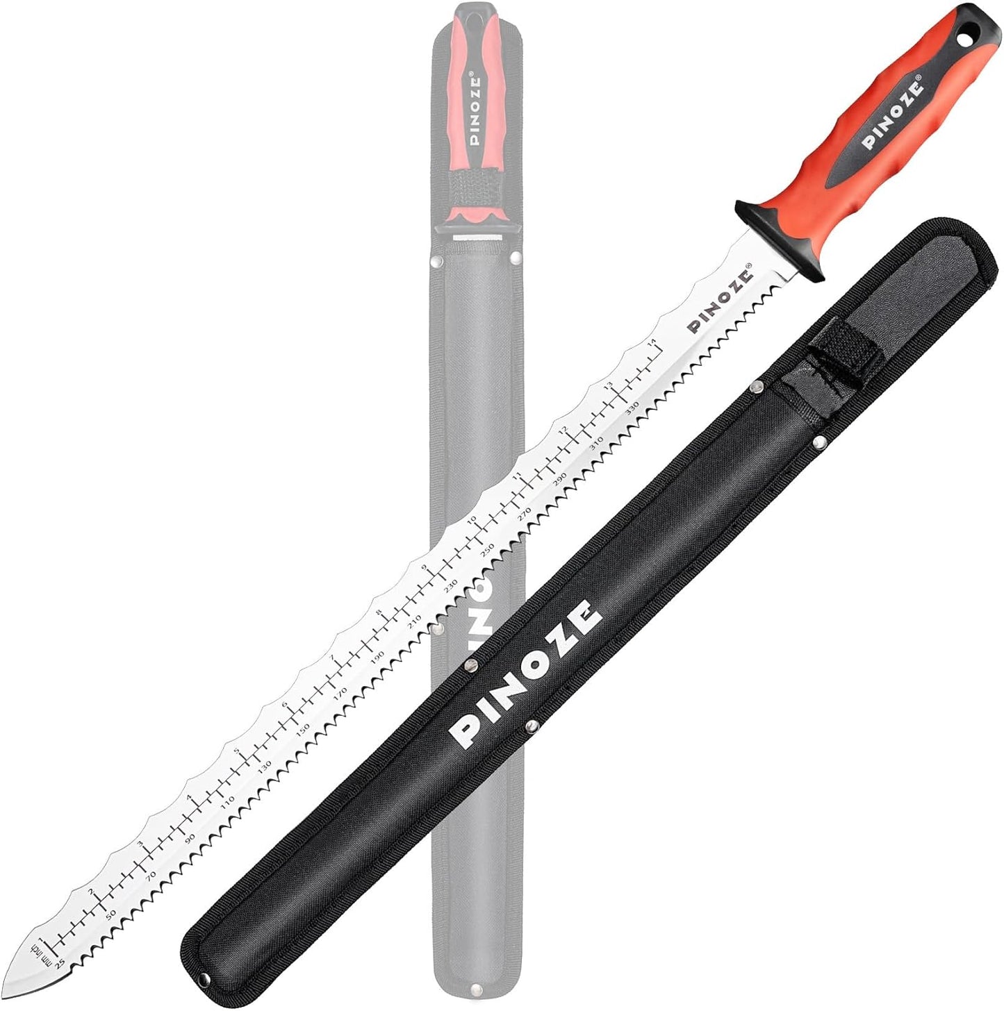 8" Insulation Knife, Stainless Steel Blade Insulation Cutter w/Laser Scale, Dual-Side Serrated Duct Knife Tool with Sheath for Cutting Heat Material Foam/Rockwool/Styrofoam, Garden Sod Cutter